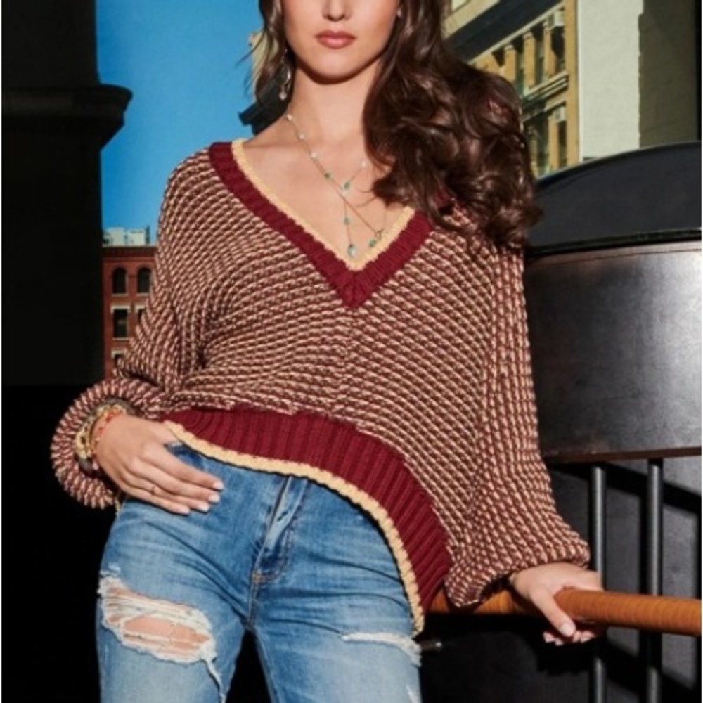 Ramy Brook Sweater Womens XS Burgundy Gold Metallic Puff Sleeve Cropped Knit